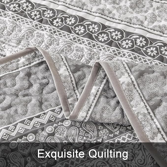 WONGS BEDDING Boho Quilt Set Full Size, Grey Bohemian 3 Pieces Quilt Sets, Lightweight Microfiber Bedspread Coverlet Bedding Set for All Season (78"x90")