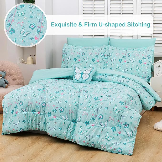 Mooreeke Bed in a Bag for Kids Girls Teens, 6 Pieces Twin Size Comforter Bed Set with Shams, Sheet Set and Decorative Toy Pillow, Butterfly Mint Green Super Soft Microfiber Kids Comforter Bedding Set