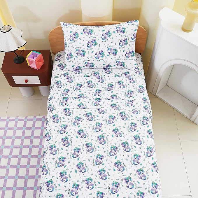 Kids Sheet Set Twin Size, Twin Sheet Set with Mermaid Pattern，Breathable Silky Soft Microfiber Kids Fitted Sheet