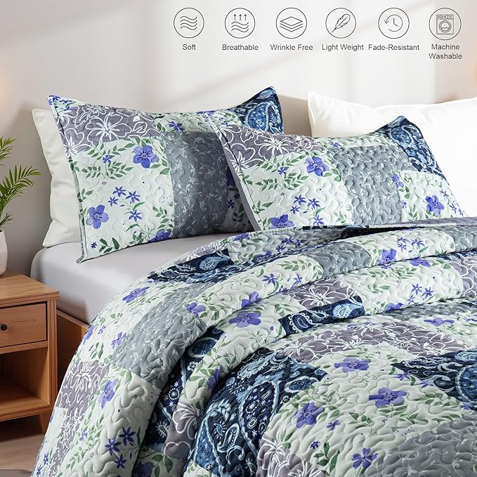 Whale Flotilla Patchwork Quilt King Size, Soft Boho Floral Bedspreads for Bed Reversible Lightweight King Quilt Bedding Set Coverlets with 2 Pillow Shams for All Seasons, Paisley Flowers