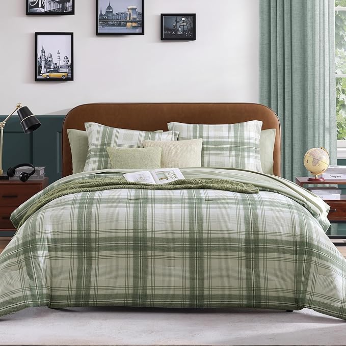 Plaid Queen Comforter Set, Green Bedding Set 7 Piece for Boys Girls Teen, Classic Homestead-Style Kids Comforter Set Bed in A Bag with Sheets, Pillowcases & Shams