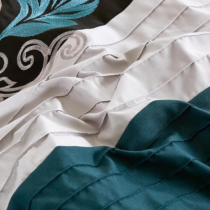 Chezmoi Collection Napa 7-Piece Luxury Leaves Scroll Embroidery Bedding Comforter Set (Queen, Teal/Black/Gray)