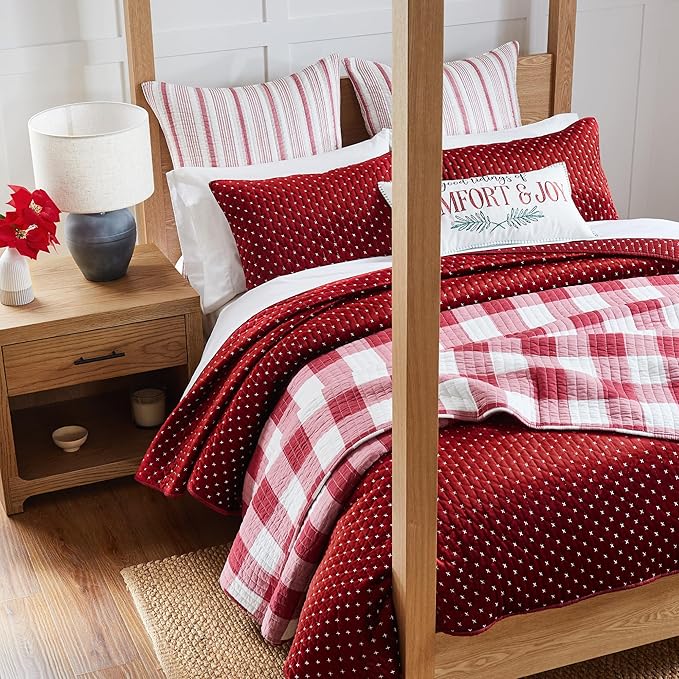 Levtex Home - Cross Stitch Velvet Red Quilt Set - Full/Queen Quilt + Two Standard Pillow Shams - Cross Stitched Pattern - Quilt Size (88x92in.) and Pillow Sham Size (26x20in.) - Reversible
