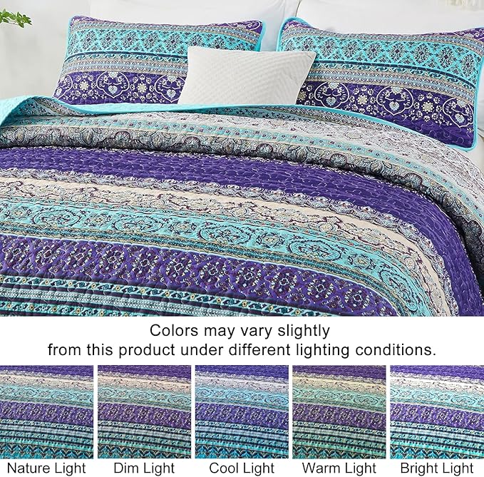 WONGS BEDDING Boho Quilt Twin Size, 2 Pieces Purple Blue Bohemian Lightweight Microfiber Bed Decor Bedspread for All Season 68"x86"