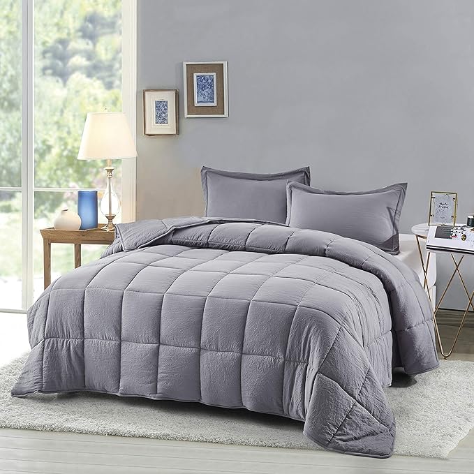 HIG 3pc Prewashed All Season Down Alternative Comforter Duvet Insert -Quilted Comforter with Corner Tabs -Box Stitched -250GSM Fiberfill Chic Farmhouse Style Bedding(Salomon,Queen,Gray)