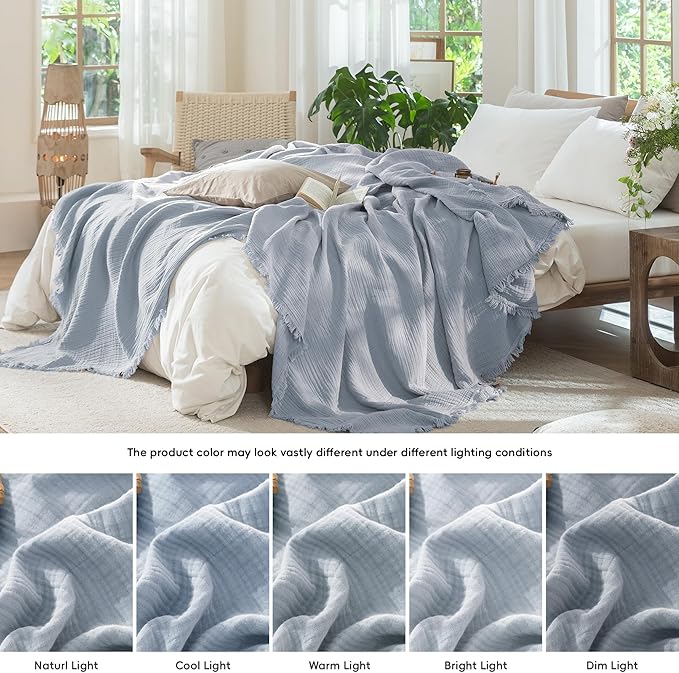 MooMee Muslin Blanket - 100% Cotton 4-Layer Gauze Throw Blanket with Tassels Ultra-Soft Breathable Lightweight Cooling for Bed Couch (Dusty Blue,Oversize Queen 98" x 98")
