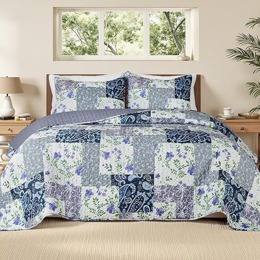 Whale Flotilla Patchwork Quilts Queen Size, Soft Boho Floral Bedspreads for Bed Reversible Lightweight Full Queen Quilt Bedding Set Coverlets with 2 Pillow Shams for All Seasons, Paisley Flowers