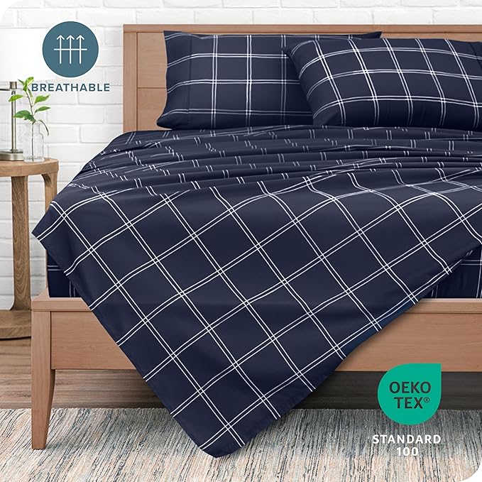 Bare Home Full Sheet Set - Luxury 1800 Ultra-Soft Microfiber Double Brushed - Deep Pockets - Easy Fit - 4 Piece Set (Full, Modern Plaid - Midnight/White)
