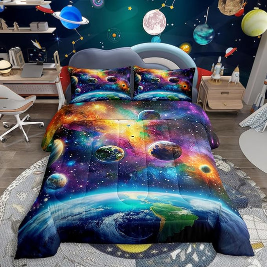 Feelyou Universe Galaxy Comforter Set Twin Size Kids Planets Earth Bedding Set Boy Girl Teen Solar System Comforter Breathable Outer Space Duvet Set Nebula Quilt Set