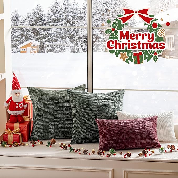 a moment Christmas Dark Green Chenille Throw Pillow Covers 20x20 Inch Pack of 2 Modern Decorative Throw Pillow Covers Farmhouse Cross Covers Home Decor for Sofa Bedroom Living Room