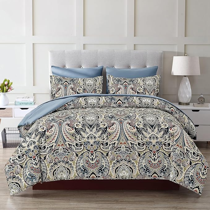Boho Comforter Set Queen, 7 Pieces Bed in A Bag Comforter Boho Paisley Pattern Bedding Set Soft Microfiber Queen Size (1 Blue Comforter, 1 Flat Sheet, 1 Fitted Sheet, 2 Pillow shams, 2 Pillowcases)