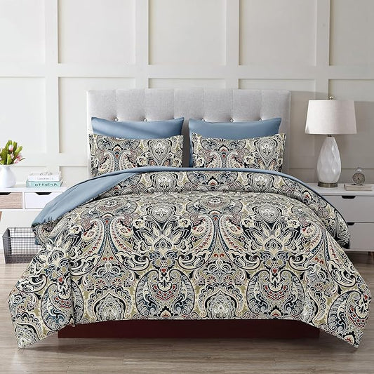 Boho Comforter Set Queen, 7 Pieces Bed in A Bag Comforter Boho Paisley Pattern Bedding Set Soft Microfiber Queen Size (1 Blue Comforter, 1 Flat Sheet, 1 Fitted Sheet, 2 Pillow shams, 2 Pillowcases)