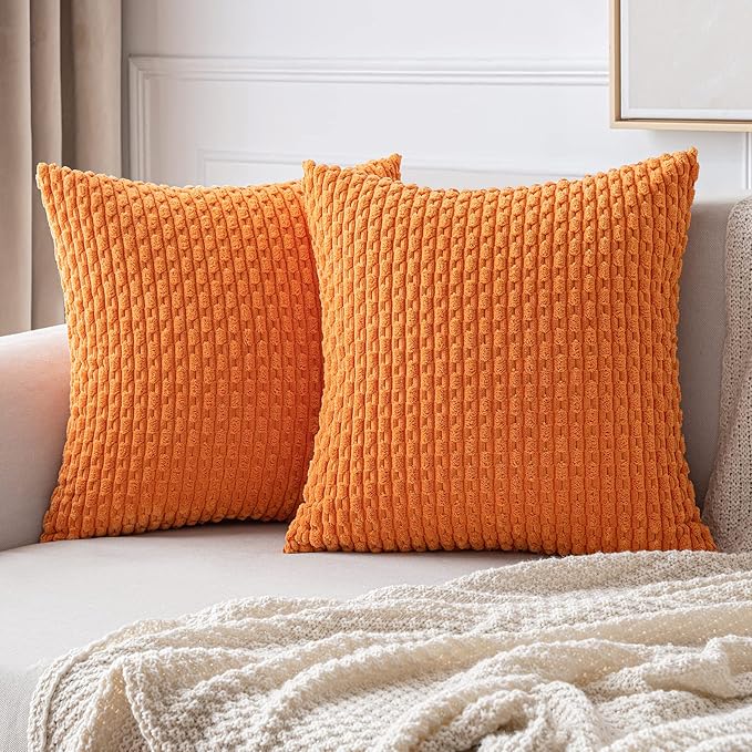 MIULEE Orange Throw Pillow Covers Soft Corduroy Decorative Set of 2 Boho Striped Pillow Covers Pillowcases Farmhouse Home Decor for Halloween Couch Bed Sofa Living Room 20x20 Inch
