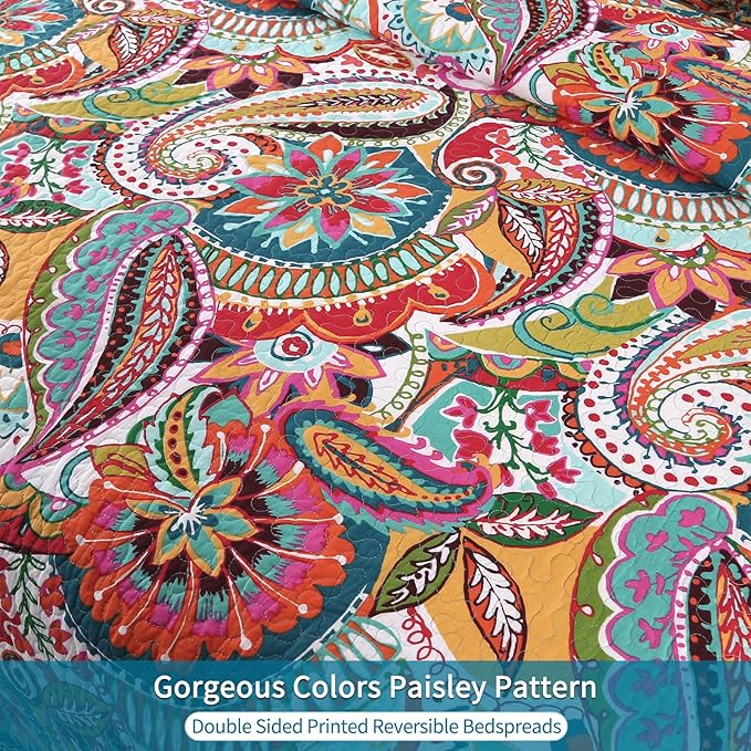 Qucover 100% Cotton Twin Quilt Set, 2 Piece Multicolor Paisley Boho Style Twin Bedspread with Pillow Shams, 68"x86"