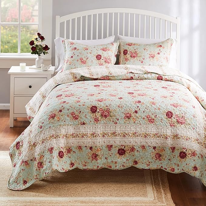 Greenland Home Antique Rose 100% Cotton Heirloom-Quality Quilt Set, 3-Piece King/Cal King, Blue