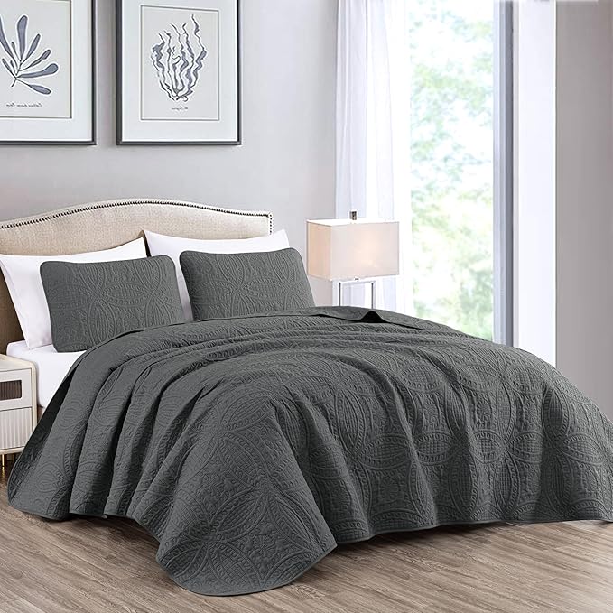 Chezmoi Collection Austin 3-Piece Oversized Bedspread Coverlet Set (King, Charcoal) (Pack of 6)