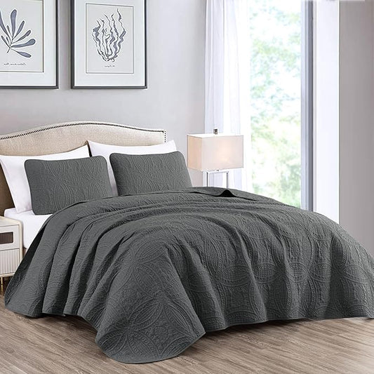 Chezmoi Collection Austin 3-Piece Oversized Bedspread Coverlet Set (King, Charcoal) (Pack of 6)