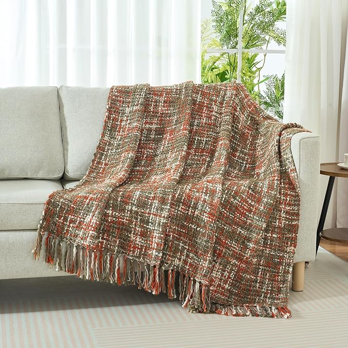 Multi-Color Orange Cable Knitted Throw Blanket for Couch,60"X80" Boho Style Textured Blankets for Home Decor,Super Soft Warm Cozy Chunky Knit Blanket with Decorative Tassels for Bed and Sofa