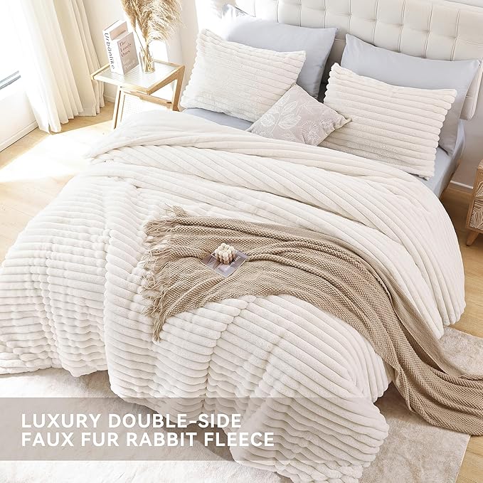 Smoofy Fluffy Full Size Comforter Sets 3 Pieces - Cream White Fleece Fluffy Comforter Set, Luxury Fuzzy Full Bed Set, Soft Comforter Full Size All Season, Heavy Faux Fur Comforter with 2 Pillow Cases