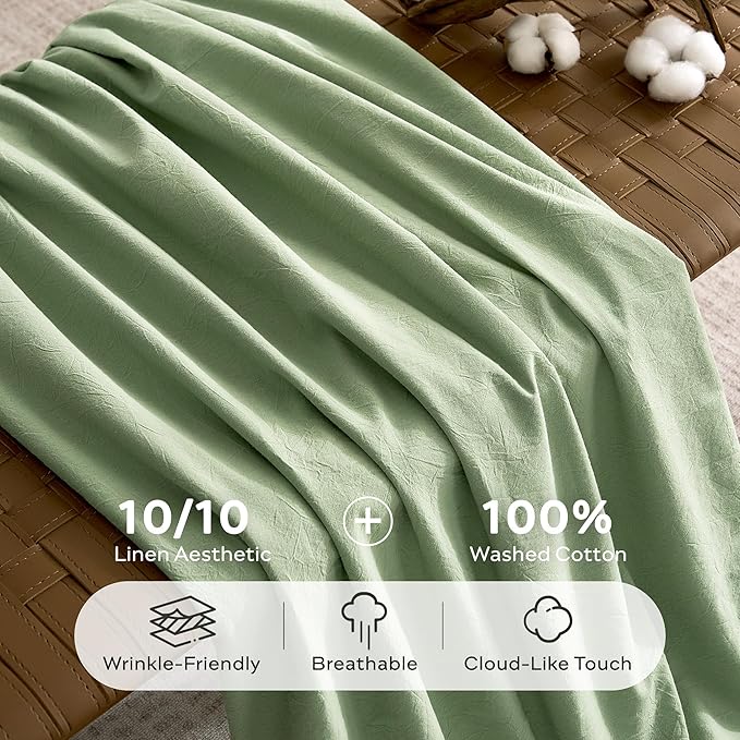 JELLYMONI Duvet Cover Twin Size - Washed Cotton Comforter Cover with Linen-Like Texture, Breathable & Soft Bedding for Modern Home,Guest Room and Everyday Use,Mint Green 1 Duvet Cover & 1 Pillowcase