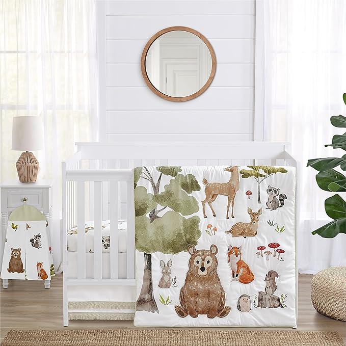 Sweet Jojo Designs 4-Piece Baby Crib Bedding Set (Woodland Animals) for Boys or Girls, Infants/Nursery incl. Blanket, Fitted Sheet, Skirt, Diaper Stacker (Neutral Theme, Forest Animal, Bear, Hedgehog)