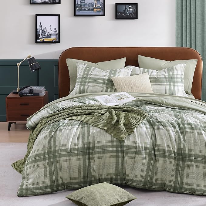 Full Size Comforter Sets, Green Plaid Bedding Set 7 Piece for Boys Girls Teen, Classic Homestead-Style Kids Comforter Set Bed in A Bag with Sheets, Pillowcases & Shams