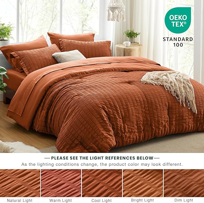 Love's cabin Seersucker Terracotta King Size Comforter Set, 7-Piece All Season Lightweight Bed in a Bag Bedding Set with Comforter, Flat Sheet, Fitted Sheet, Pillowcases and Shams | Soft, Breathable, Lightweight