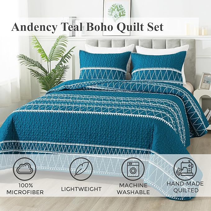 Andency Teal King Size Quilt Set, 3 Pieces Boho Lightweight Soft Striped Bedspread for All Season (106"x96"), Printed Bohemian Microfiber Reversible Coverlet Comforter Sets
