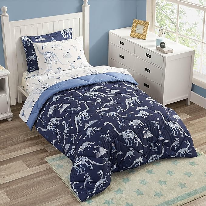 Blue Dinosaur Queen Comforter Set for Boys, 7 Pieces Kids Bedroom Bedding with Sheets and Pillowcase, Super Soft Lightweight for All Season, Machine Washable