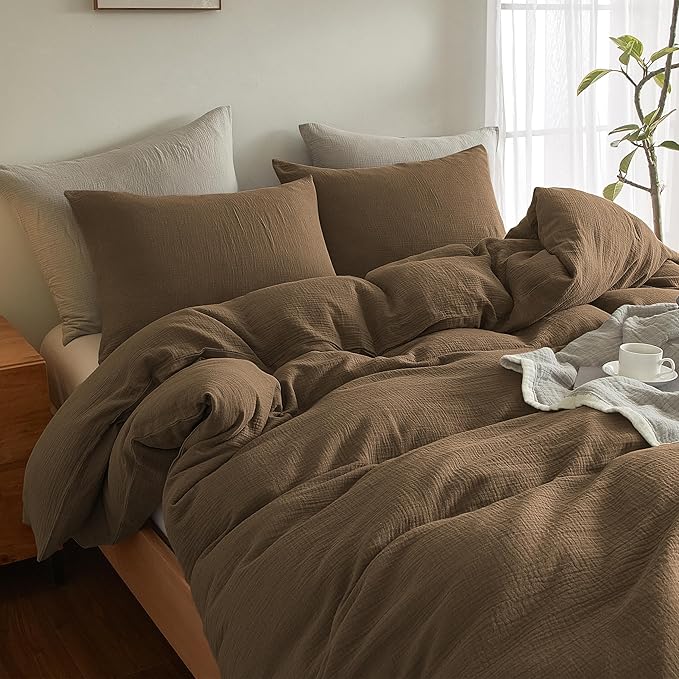 SE SOFTEXLY Muslin Duvet Cover King Size, 100% Washed Cotton Duvet Cover Set, Ultra Soft Comforter Cover Linen Like, 3 Pieces Minimalist Gauze Duvet Cover with 2 Pillowcases, 90"x104", Dark Brown