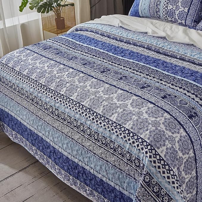 WONGS BEDDING Boho Quilt Set Twin Size, Blue Bohemian 2 Pieces Quilt Sets, Lightweight Bedspread Coverlet Bedding Set for All Season (68"x86")