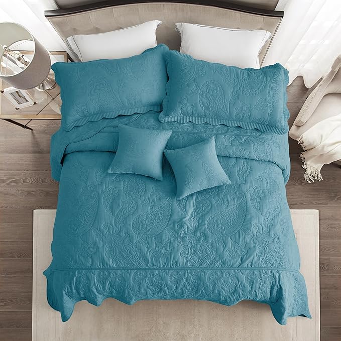 HZ & HY Oversized King Bedspread 138x122 Extra Wide, Quilted Coverlet Bedding Set, Lightweight Thin Comforter, Reversible, Luxurious, 5 Piece, 100% Microfiber, California/Alaskan King, Blue