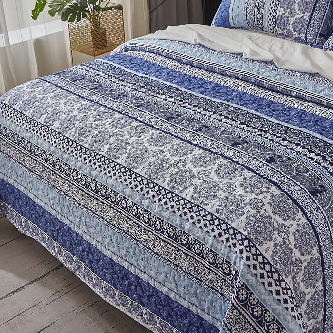 WONGS BEDDING Boho Quilt Set Queen Size, Blue Bohemian 3 Pieces Quilt Sets, Lightweight Bedspread Coverlet Bedding Set for All Season (96"x90")