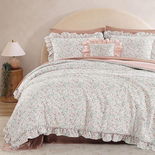 Full Comforter Set - 7 Pieces Ruffle Pink Ditzy Bedding Sets, Shabby Chic Farmhouse Bed in a Bag Full with Floral Comforter, Sheets, Pillowcases & Shams