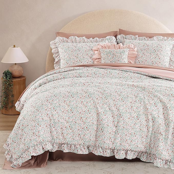 King Comforter Set - 7 Pieces Ruffle Pink Ditzy Bedding Sets, Shabby Chic Farmhouse Bed in a Bag King with Floral Comforter, Sheets, Pillowcases & Shams