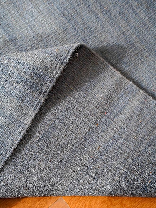 Rugsotic Carpets Hand Woven Flat Weave Kilim Wool ECO-Friendly Area Rugs - 5'x8', Rectangle Shape, Blue Color, Solid Plain Design, Low Pile Handmade Area Rugs for Living Room, Bed Room (D00111)