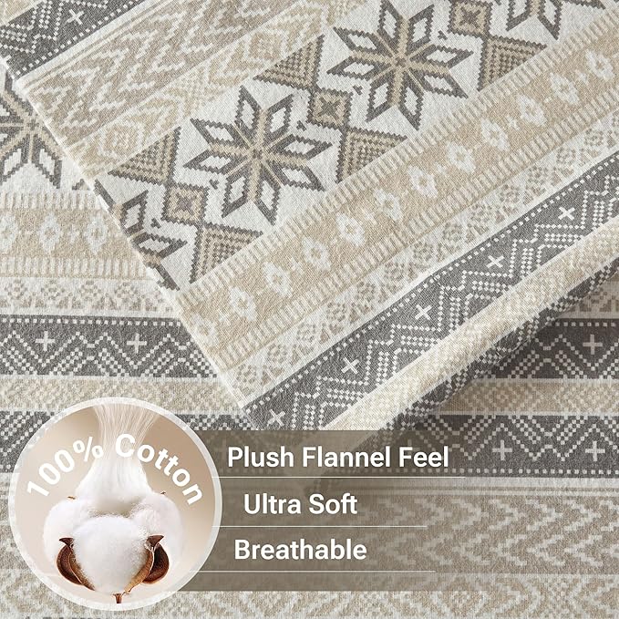 True North by Sleep Philosophy Flannel Sheets Queen Size, Cozy 100% Cotton Flannel Bed Sheets, Ultra Soft Cute Sheet Set, Elastic Pocket Fits Up to 14" Mattress, Nordic 4 Piece