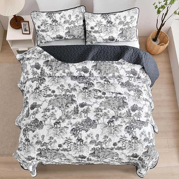 WONGS BEDDING Botanical Quilt Set Full Size, Black 3 Pieces Toile Floral Plants Printed Bedspread Bedding Set Soft Lightweight Microfiber Coverlet Set for All Season (90"x78")