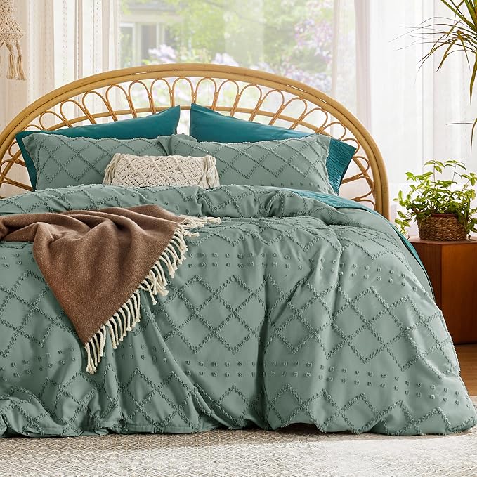 Bedsure Boho Duvet Cover Full Size - Green Breathable & Soft Boho Bedding, Machine Washable Comforter Cover for All Seasons, Includes 1 Duvet Cover 80"x90" with 2 Pillow Shams & Zipper Closure