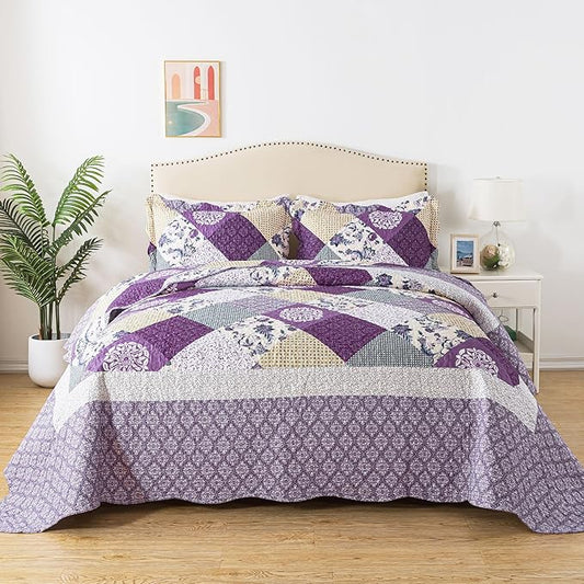 HoneiLife King Size Quilt Sets - 3 Pieces Microfiber Quilt Set Lightweight Bedspreads Reversible Coverlets Rustic Bed Cover King Quilt Bedding Set All Season Quilts-Beige & Purple