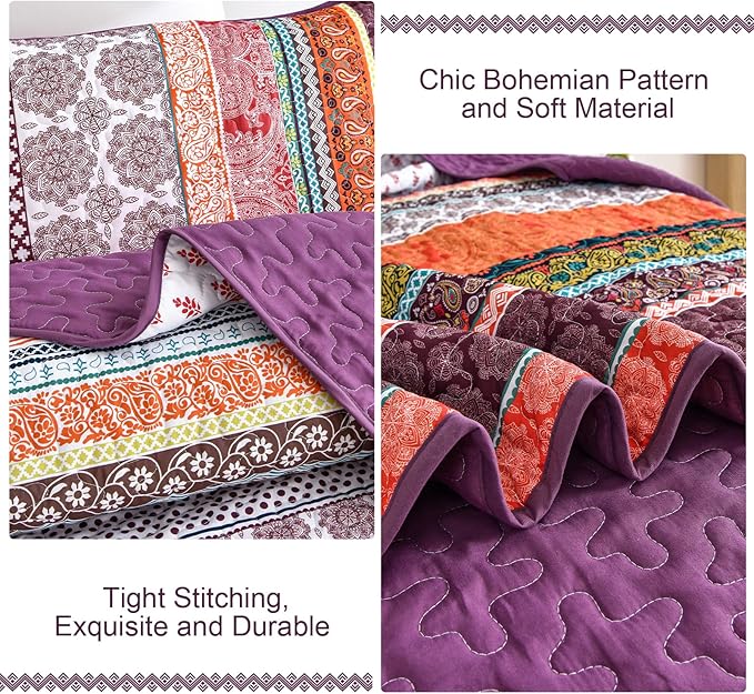 WONGS BEDDING Boho Quilt Set King Size, Purple 3 Pieces Bohemian Striped Patchwork Bedspread Coverlet, Lightweight Soft Microfiber Bedding Set for All Season (104"x90")