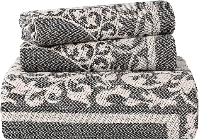 Superior Cotton Blend Bedspread Set, Includes Oversized Bedspread and 2 Matching Pillow Shams, Light Weight Blanket, Bedding Decor, Jacquard Vintage Floral Mandala, Lyron Collection - Queen, Charcoal