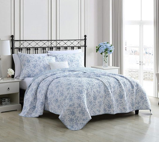 Laura Ashley Home - Twin Quilt Set, Reversible Floral Cotton Bedding with Matching Sham, Home Decor for All Seasons (Walled Garden Blue, Twin)