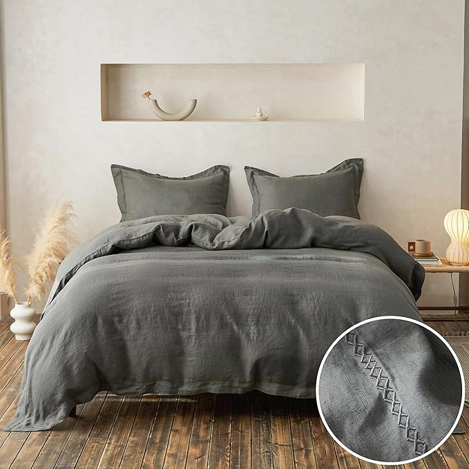 Simple&Opulence 100% Linen Duvet Cover Set with Crossed Embroidery Washed - 3 Pieces (1 Duvet Cover with 2 Pillow Shams) Soft Breathable Farmhouse -Cushing Green, King Size