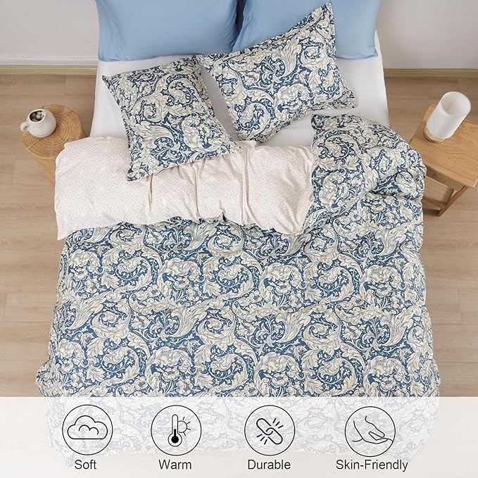 PHF Ultra Soft Floral Duvet Cover King Size, Revisible Boho Printed Vintage Bedding Set 3 Pieces, Comfy Durable Morris Garden Duvet Cover Set with 2 Pillow Shams, Zipper Closure and 8 Ties, 104"x90"