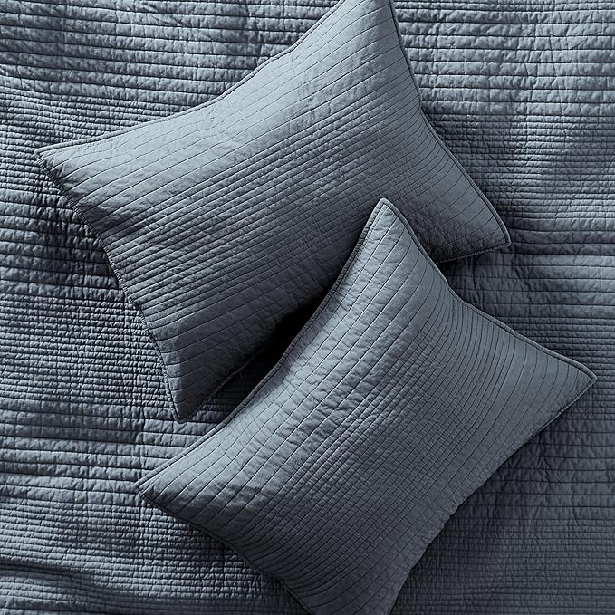 palassio Striped Blue Grey 100% Cotton Quilt Queen Size Bedding Sets, Lightweight Crinkly Channel Pick Stitch Textured Bedspread Soft Shabby Chic Farmhouse Country Coverlet for All Season, 2 Shams