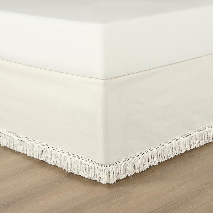 Lush Decor Boho Fringe 15-Inch Tailored Drop Easy Fit Bed Skirt Queen Size Single 60" W x 80" L +15" White - Queen Bed Skirt - Wrap Around Bed Skirt