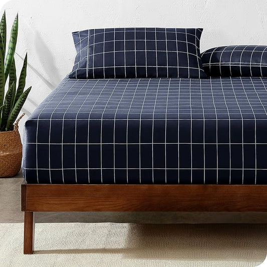 Bare Home Fitted Bottom Sheet Twin Size - Premium 1800 Microfiber - Ultra-Soft Hotel Luxury - Deep Pocket - Durable and Long Lasting (Twin, Grid - Midnight Blue/White)