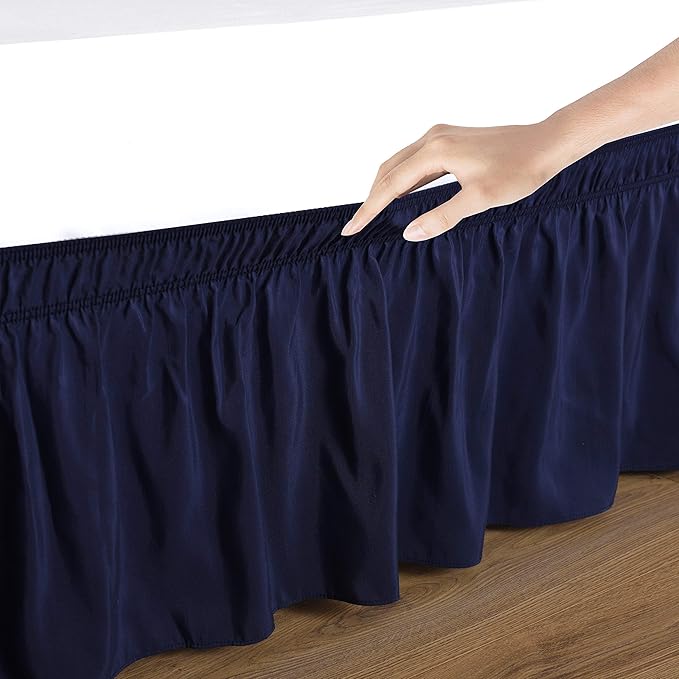 Wrap Around Bed Skirts Elastic Dust Ruffles, Easy Fit Wrinkle and Fade Resistant Silky Microfiber Fabric Solid Color Bedskirt, 12 Inch Tailored Drop Navy Blue for Full Size Bed Skirt