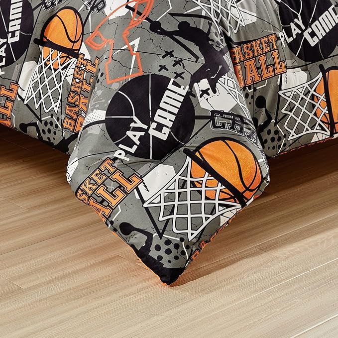 Chezmoi Collection 4-Piece Kids Bedding Comforter Set - Soft Microfiber Gray Orange Multi-Color Basketball Slam Dunk Sports, Full/Queen